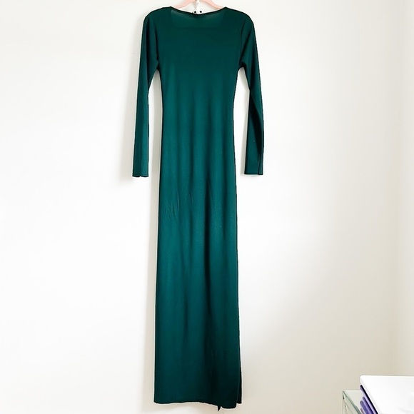 Boohoo Dark Green Long Sleeve High Slit Ruched Side Maxi Dress sz 8 - Picture 8 of 8